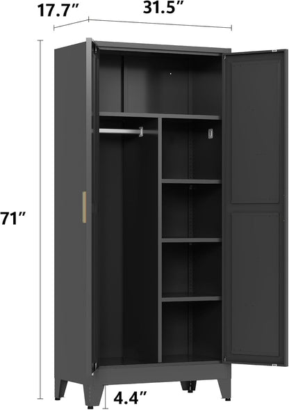 Metal Armoire Wardrobe Closet with Hanging Rod,71'' Metal Wardrobe Cabinet with 2 Doors and 4 Adjustable Shelves, Bedroom Armoires,Laundry Room Cabinets,Armario De Ropa Closet