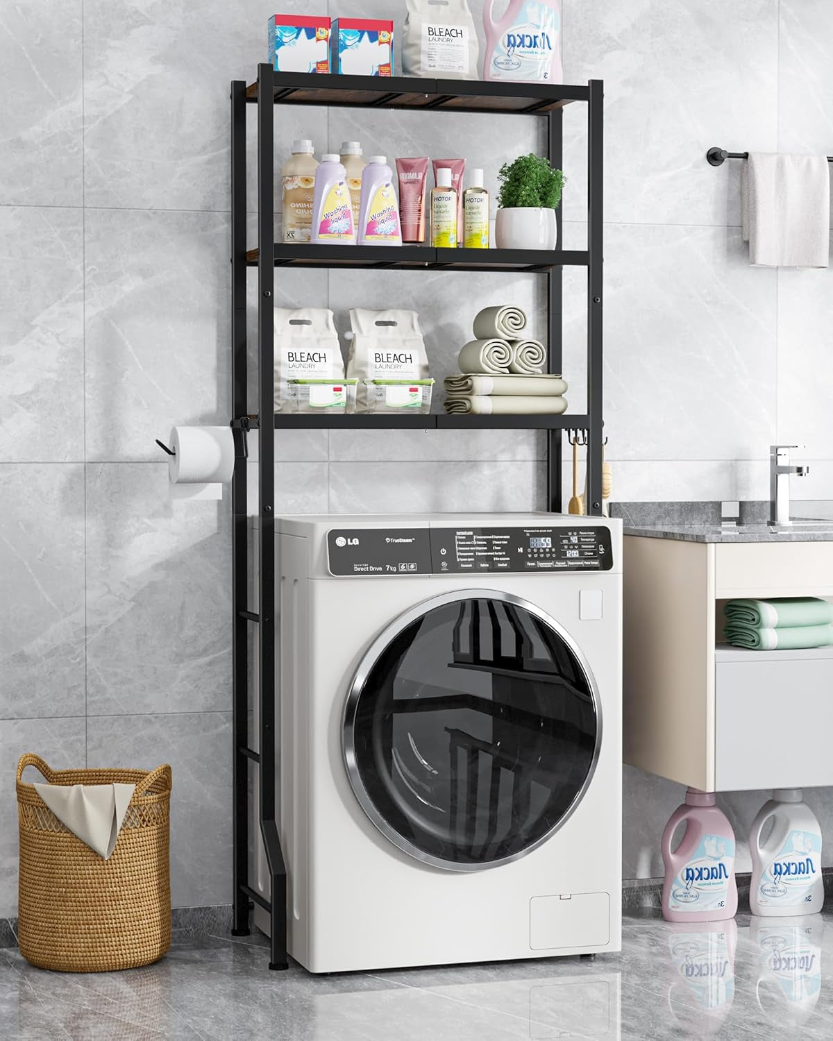 Over-The-Toilet Storage Rack - Freestanding over the Toilet Storage Cabinet with Paper Holder & Hooks, Bathroom Organizers and Storage, Brown + Black, 3 Tiers (61" H)