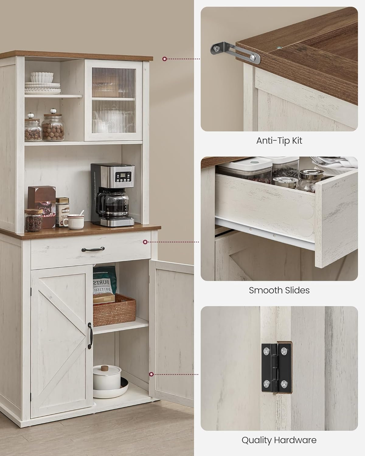 71" Kitchen Pantry Cabinet with Lights and Charging Station, Coffee Bar Cabinet with Doors and Drawer, Farmhouse Style, Adjustable Shelves, Cloud White UBBK363W11