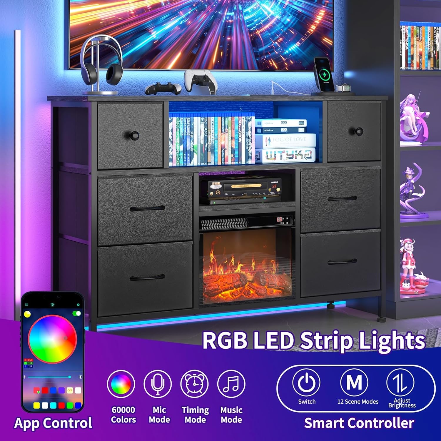 TV Stand with Fireplace, Entertainment Center with Power Outlets and LED Lights, TV Stand Dresser for 50 Inch TV, 6 Drawers with Open Shelves, for Living Room, Black