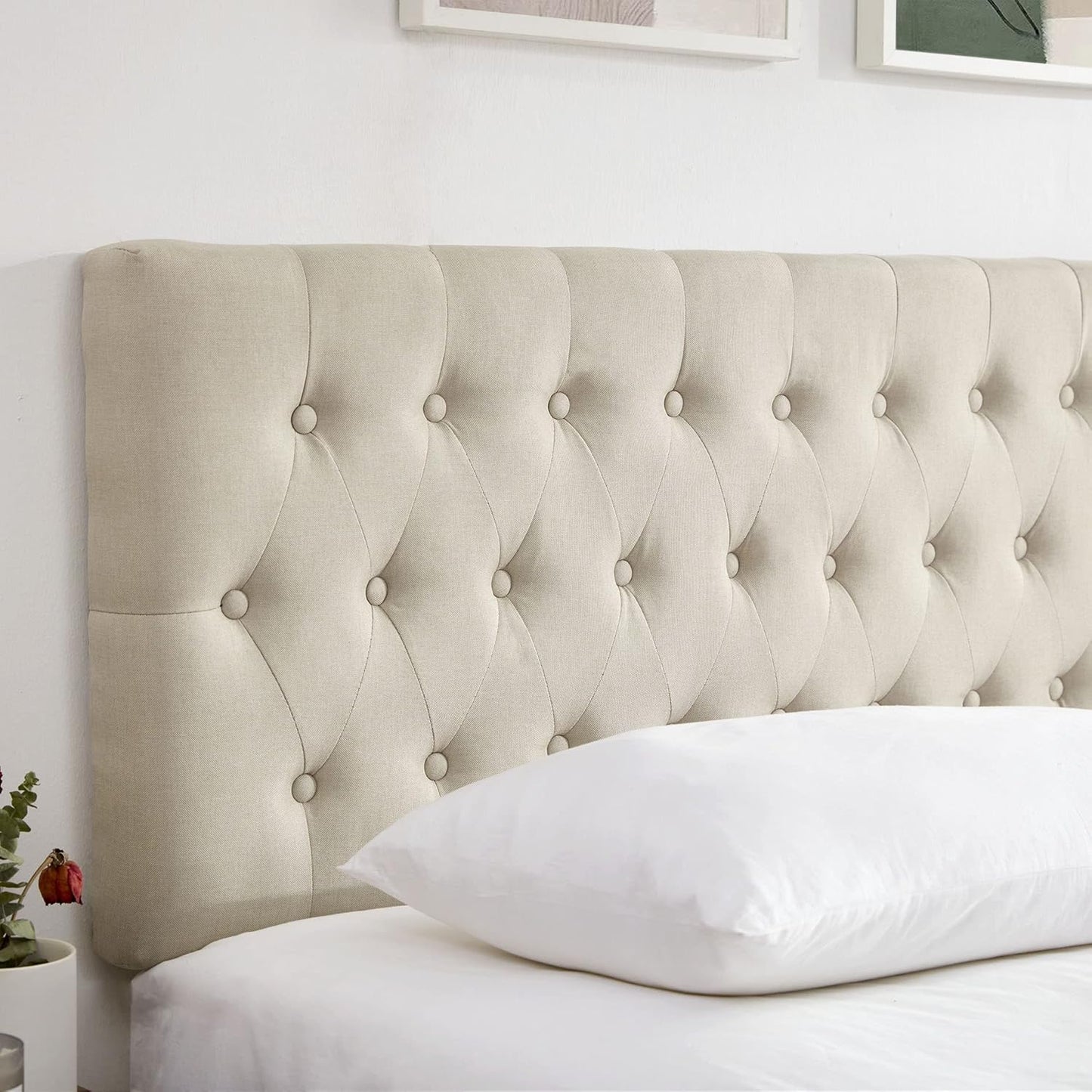 Headboards for King Size Bed in Modern Button Design, Premium Linen Fabric Upholstered Tufted Bed Headboard, Adjustable Solid Wood Head Board, Beige