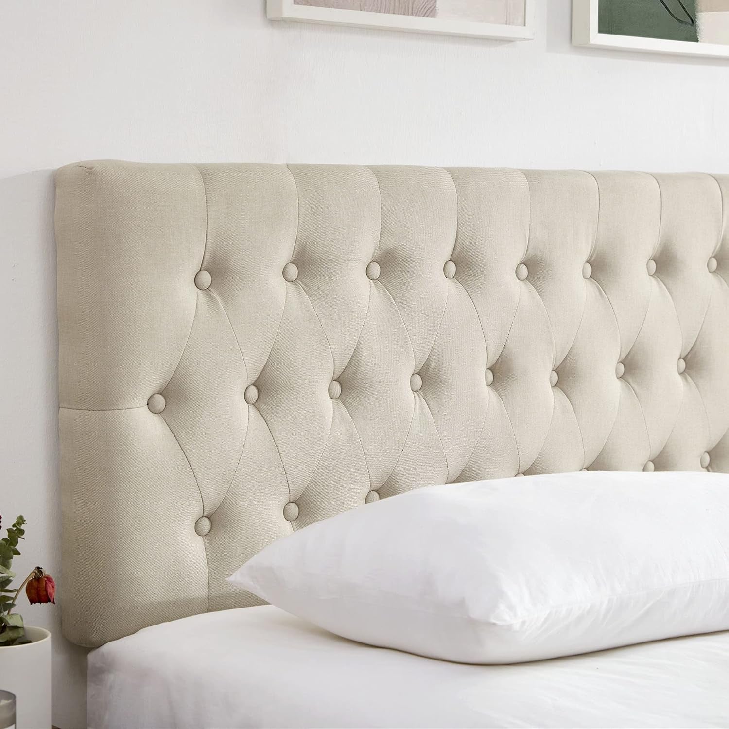 Headboards for King Size Bed in Modern Button Design, Premium Linen Fabric Upholstered Tufted Bed Headboard, Adjustable Solid Wood Head Board, Beige