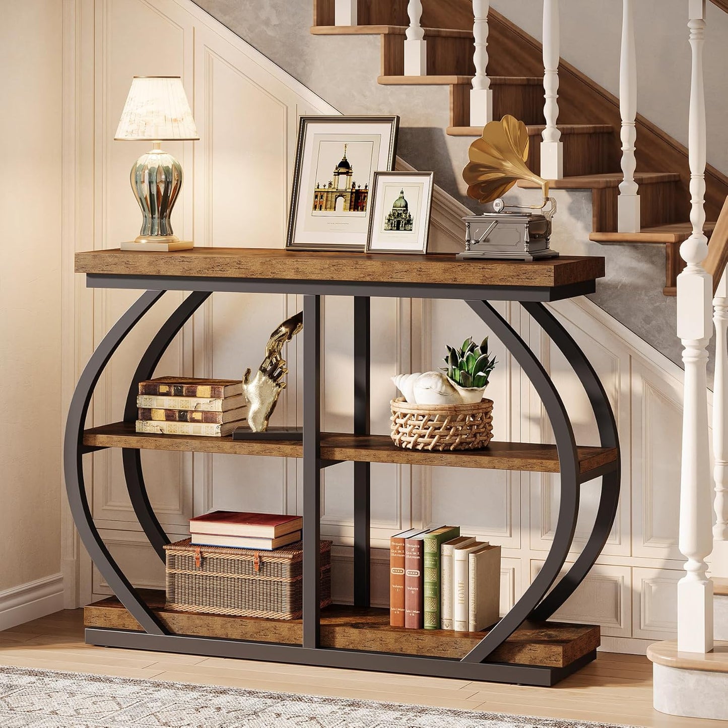 41.3" Console Table, Industrial 3-Tier Entryway Table with Arched Metal Frame and Storage Shelves for Living Room, Hallway, Rustic Brown