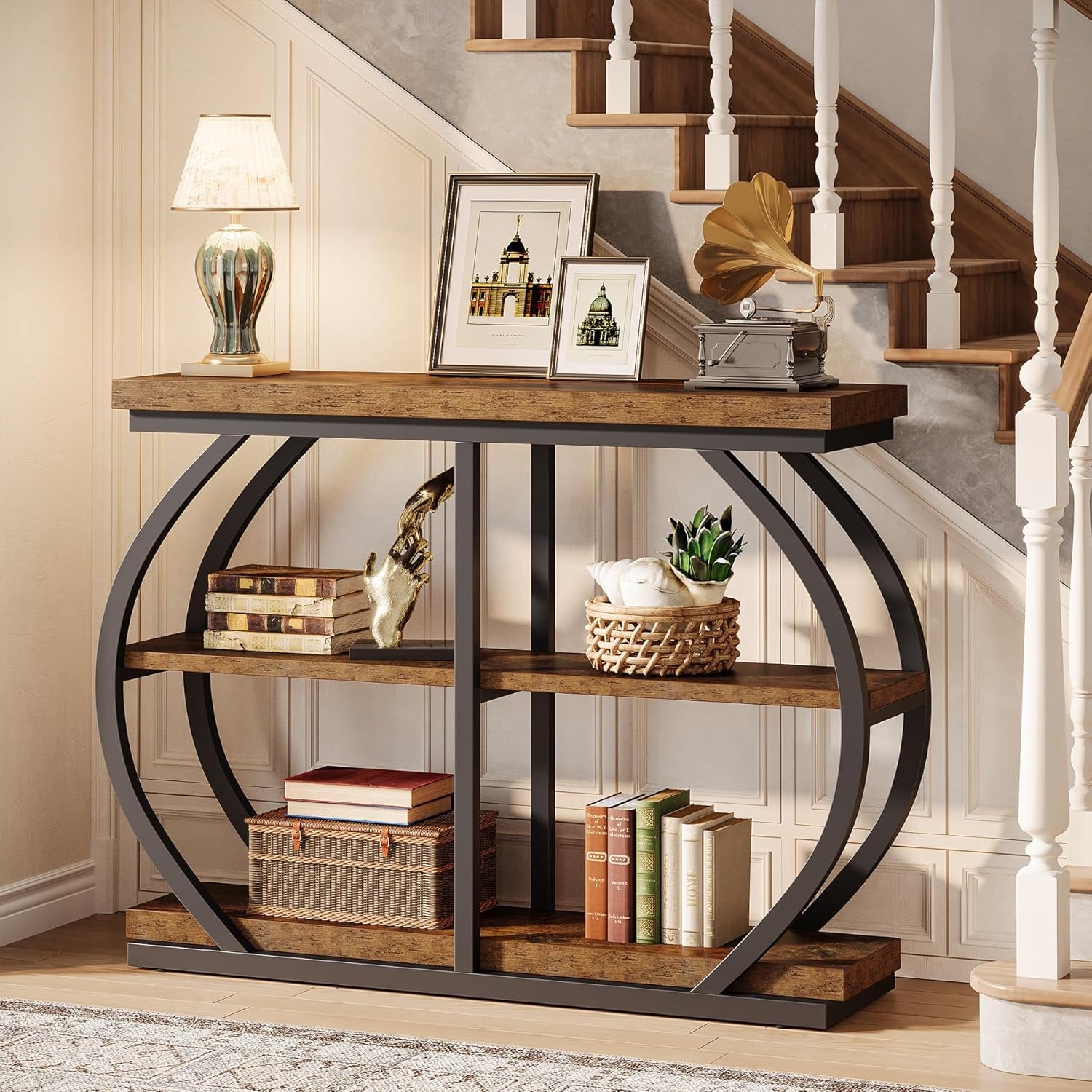41.3" Console Table, Industrial 3-Tier Entryway Table with Arched Metal Frame and Storage Shelves for Living Room, Hallway, Rustic Brown