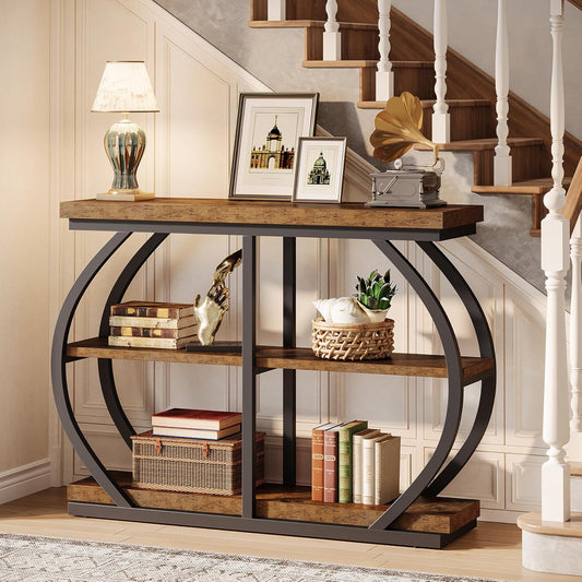 41.3" Console Table, Industrial 3-Tier Entryway Table with Arched Metal Frame and Storage Shelves for Living Room, Hallway, Rustic Brown