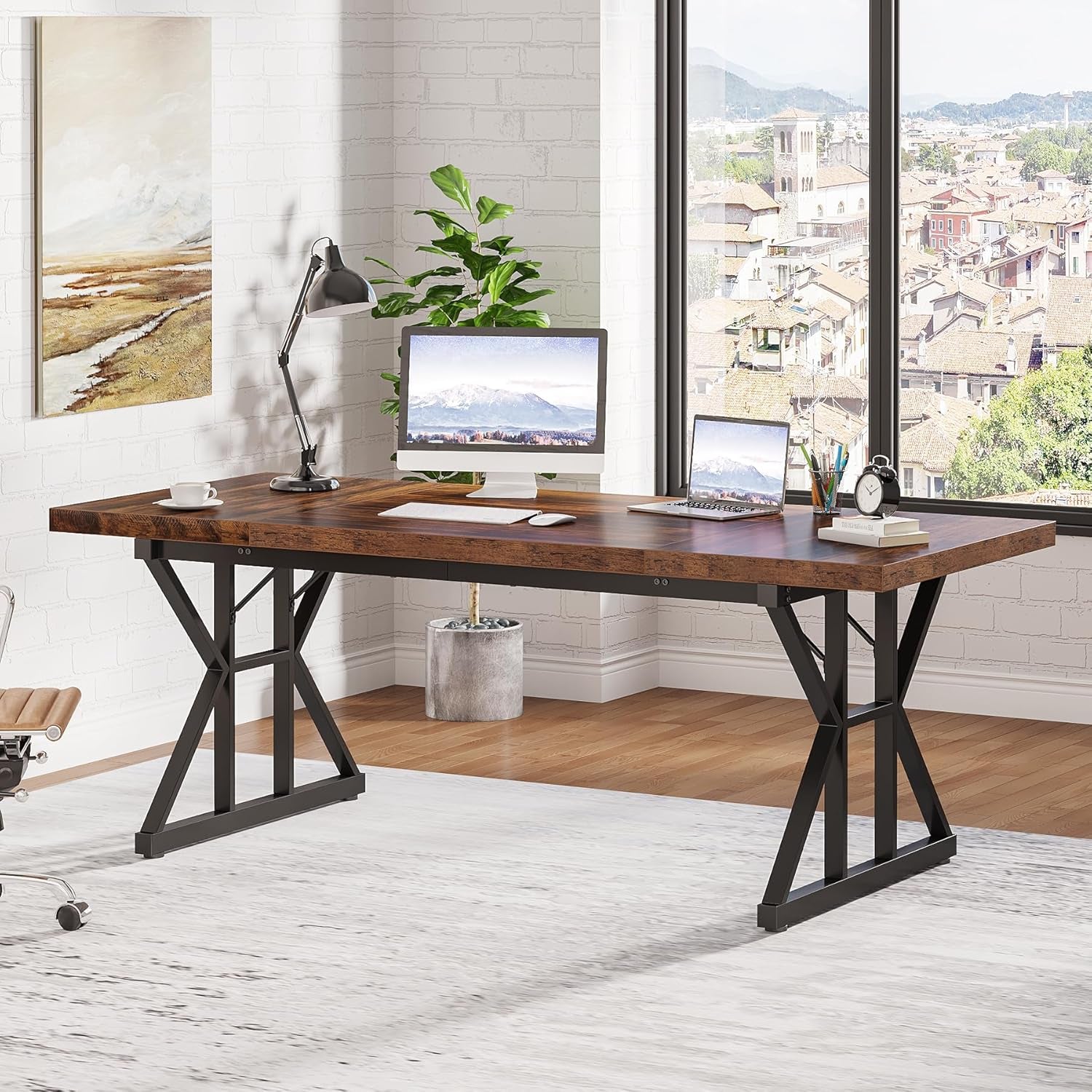 70.8-Inch Executive Desk, Large Computer Office Desk Workstation, Modern Simple Style Laptop Desk Study Writing Table Business Furniture for Home Office (Brown/Black, 70.8 Inch)