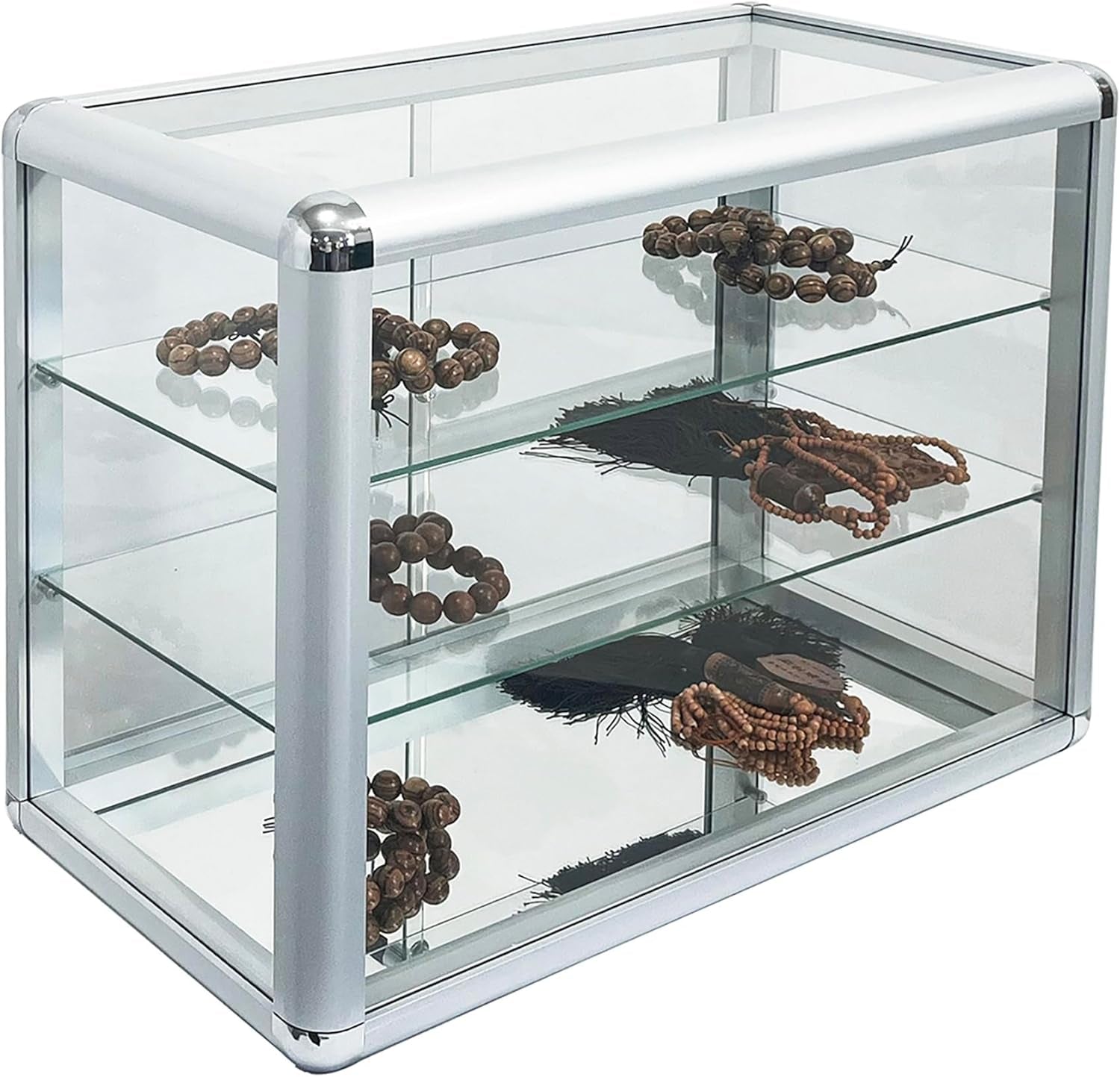 Aluminum Display Showcase with Removable Glass Shelves, Tempered Counter Top Glass Case with Lock and Key (Silver, 24" L X 12" D X 18" H)