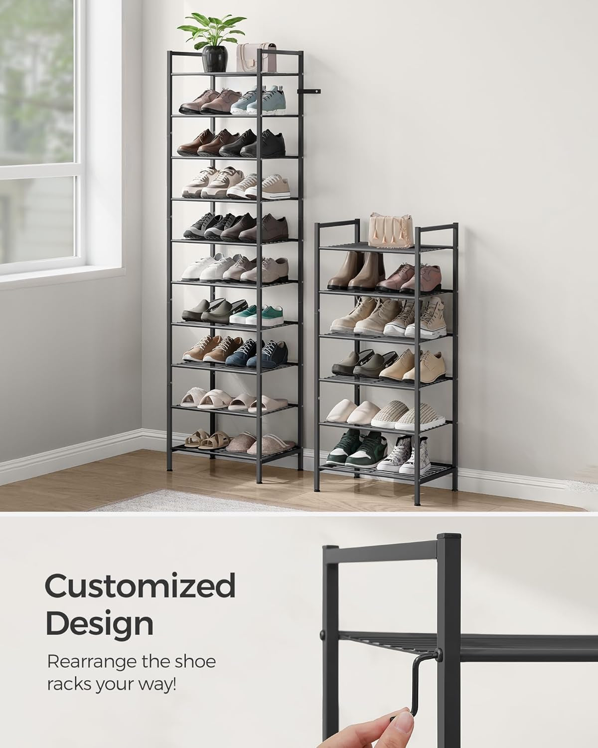 Narrow Shoe Rack, Sturdy 8 Tier Metal Tall Shoe Rack Shelf, Slim Shoe Storage Organizer for Closet Entryway Small Spaces, Vertical Shoe Stand Tower for 18 Pairs Shoes, Easy Assembly, Black