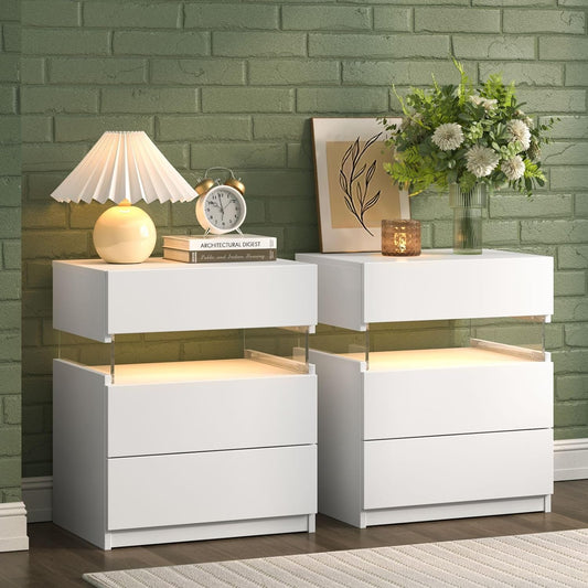 White LED Nightstand Set of 2,Night Stand Set 2,Modern Night Stand with 3 Drawers,Night Stands for Bedroom Set of 2,Bedside Table with Silent Slide Drawer