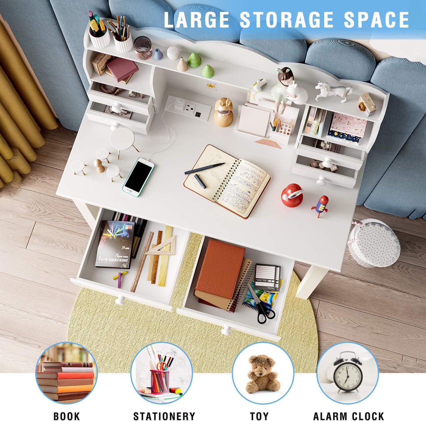 Small White Writing Desk with Hutch and USB Ports, 31.5 Inch Home Office Desk with Drawers, Study Table for Kids/Student, Makeup Dressing Table save Space Gifts