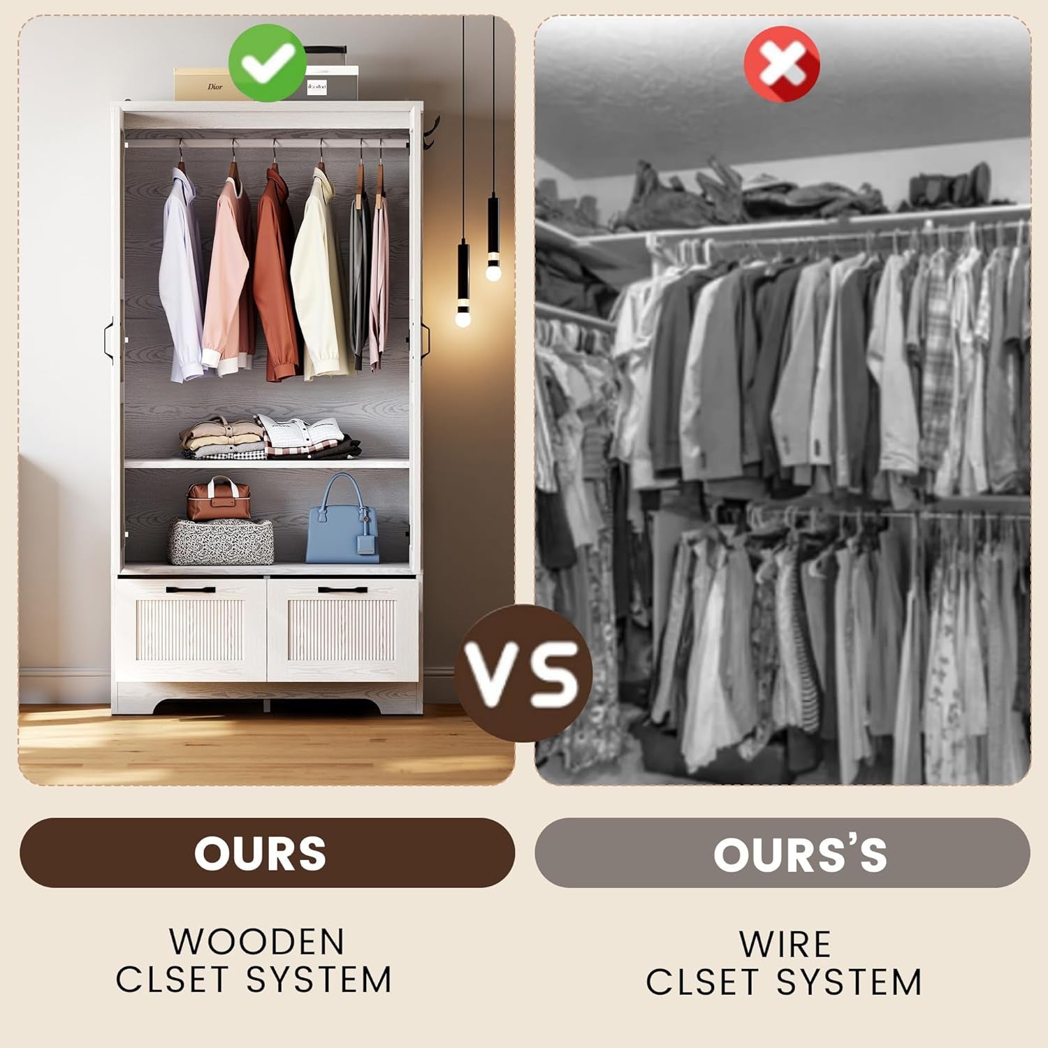 Armoire Wardrobe Closet, 71" H Wooden Clothing Storage Cabinet with 2 Doors and 2 Drawers, Bedroom Freestanding Wardrobe Combination with Hanging Rod and Adjustable Shelves, White