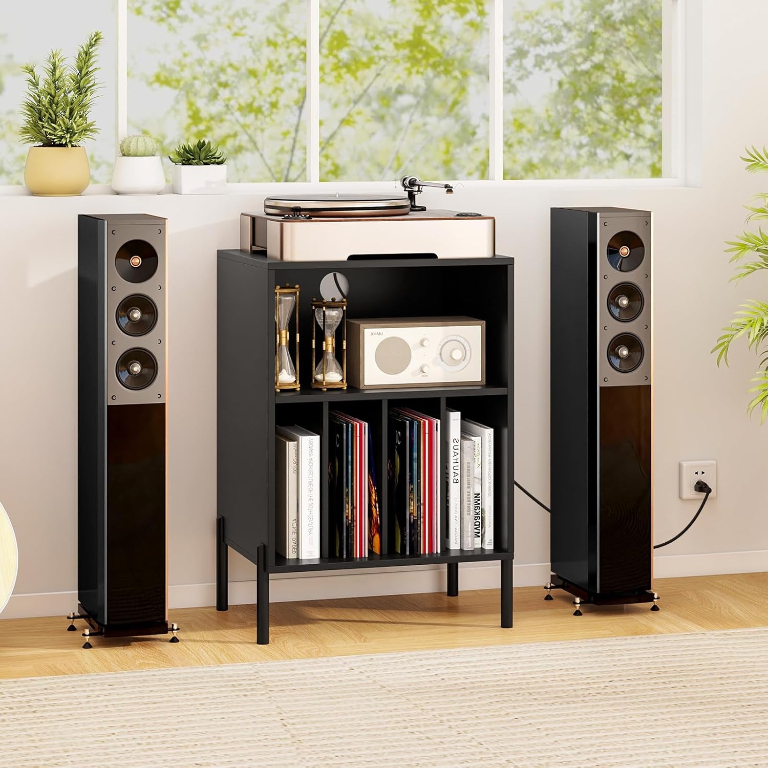 Record Player Stand, Turntable Side Table Nightstand W/Charging Station & Vinyl Record Storage Cabinet Holds up to 150 Albums, Record Player Holder for Living Room (Black, 31" H)