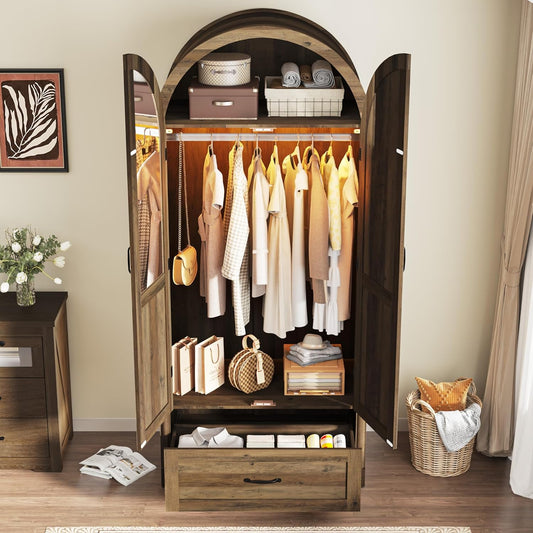 2 Doors  with Mirror and Lights, 71" Farmhouse Arched Wooden Wardrobe Cabinet with Drawers,Hanging Rod, Clothing Storage Closet Cabinet for Bedroom,Light Rustic Oak