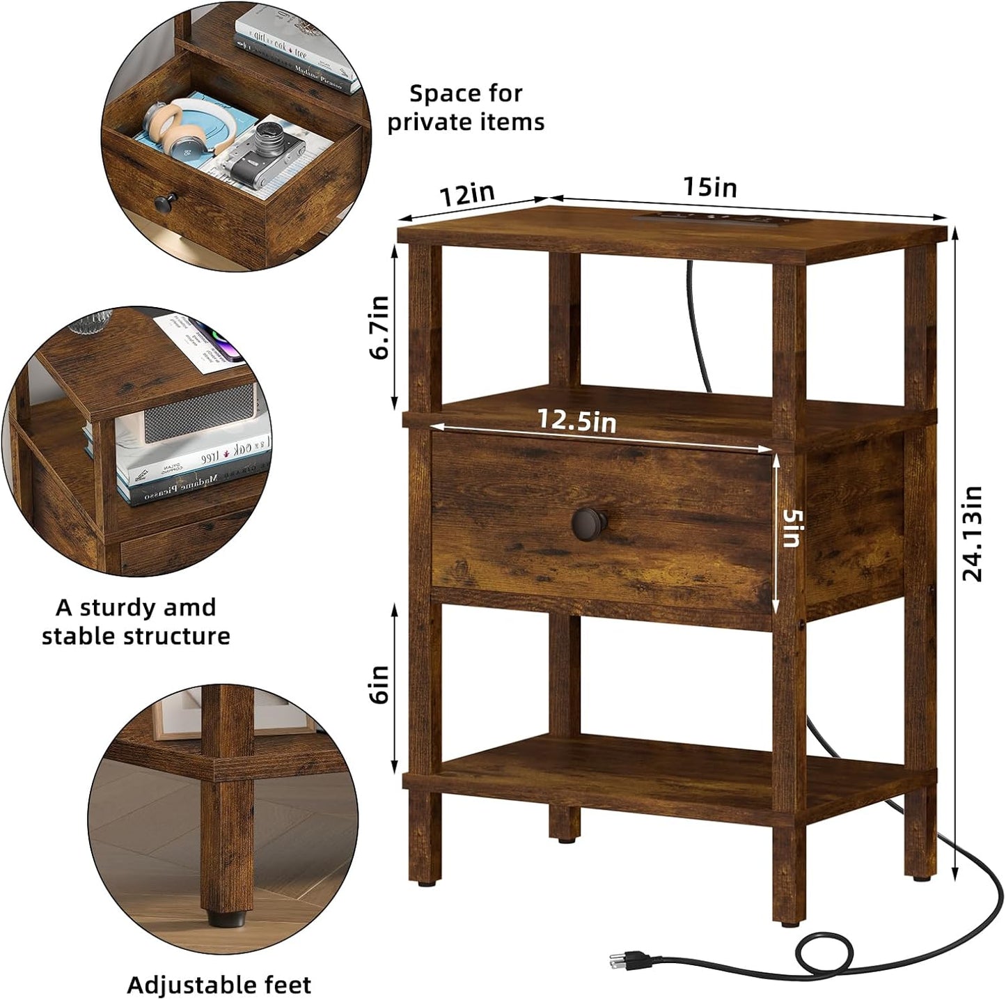 Nightstand with Charging Station and USB Ports, 3-Tier Storage End Table with Drawer Shelf, Night Stand for Small Spaces, Wood Bedside Table for Living Room, Bedroom - Retro Brown…