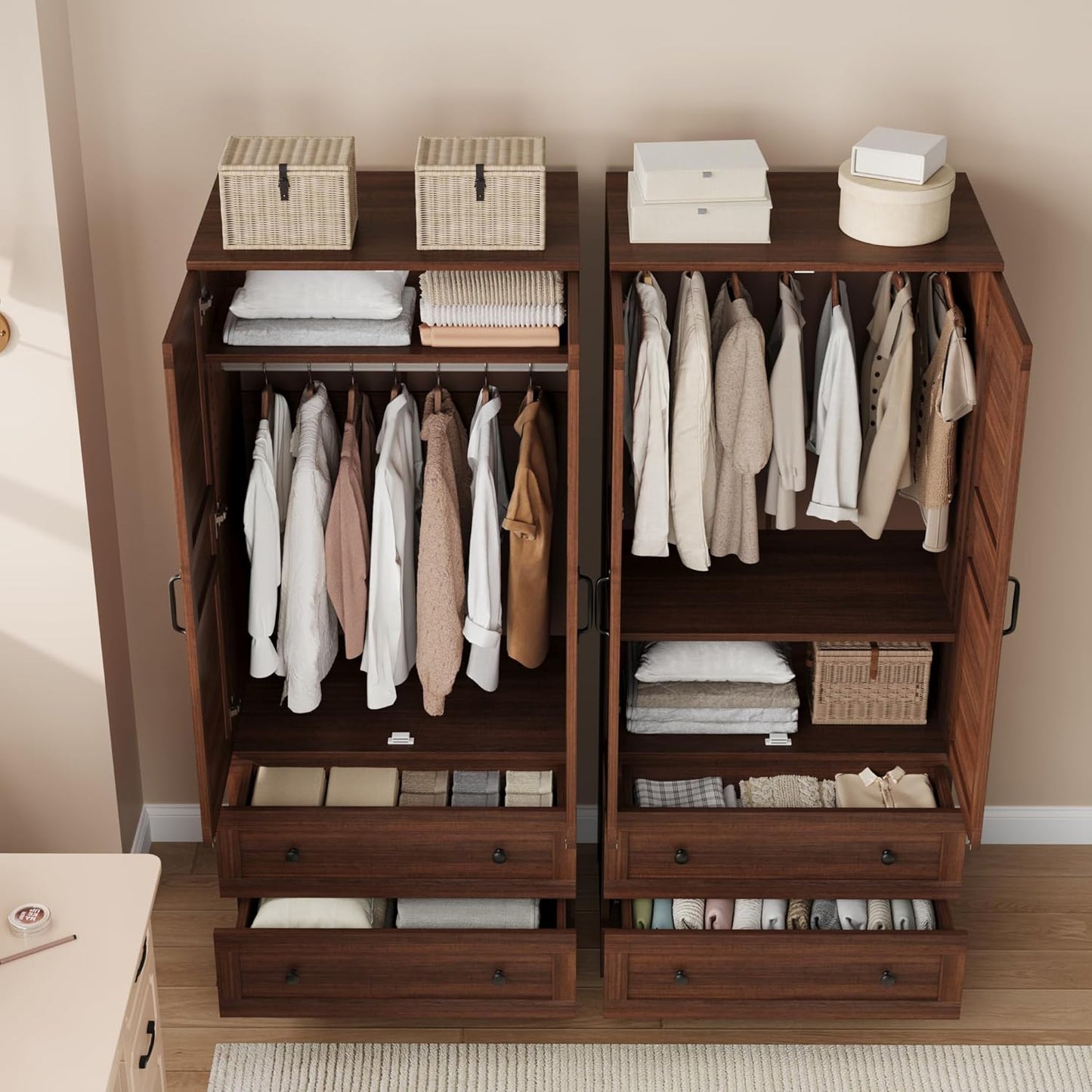 Armoire Wardrobe Closet with 2 Drawers,72 in Wooden Wardrobe Cabinet with Hanging Rod, Tall Clothing Armoire Cabinet with Doors and 18 Adjustable Shelves for Bedroom, Clothes,Walunt Brown