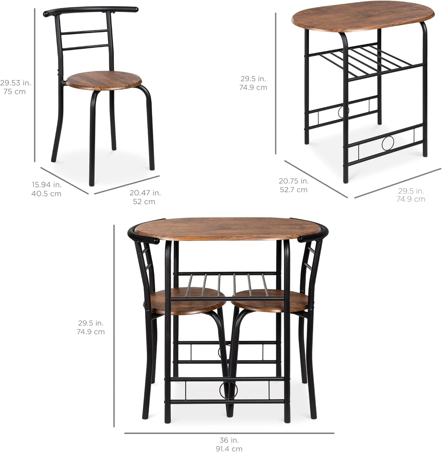 3-Piece Wooden round Table & Chair Set for Kitchen, Dining Room, Compact Space W/Steel Frame, Built-In Wine Rack - Black/Brown