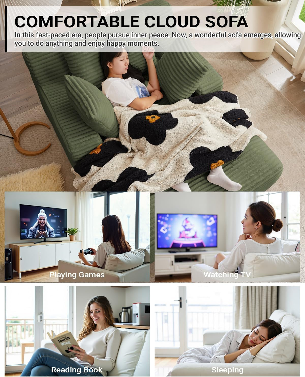 67 Inch Chaise Lounge Chair Indoor, Oversized Corduroy Upholstered Boneless Sofa Bed, Deep Seat Sleeper Couch Reading Chairs, Cloud Sofas Couches for Living Room, No Assembly Required (Olive Green)