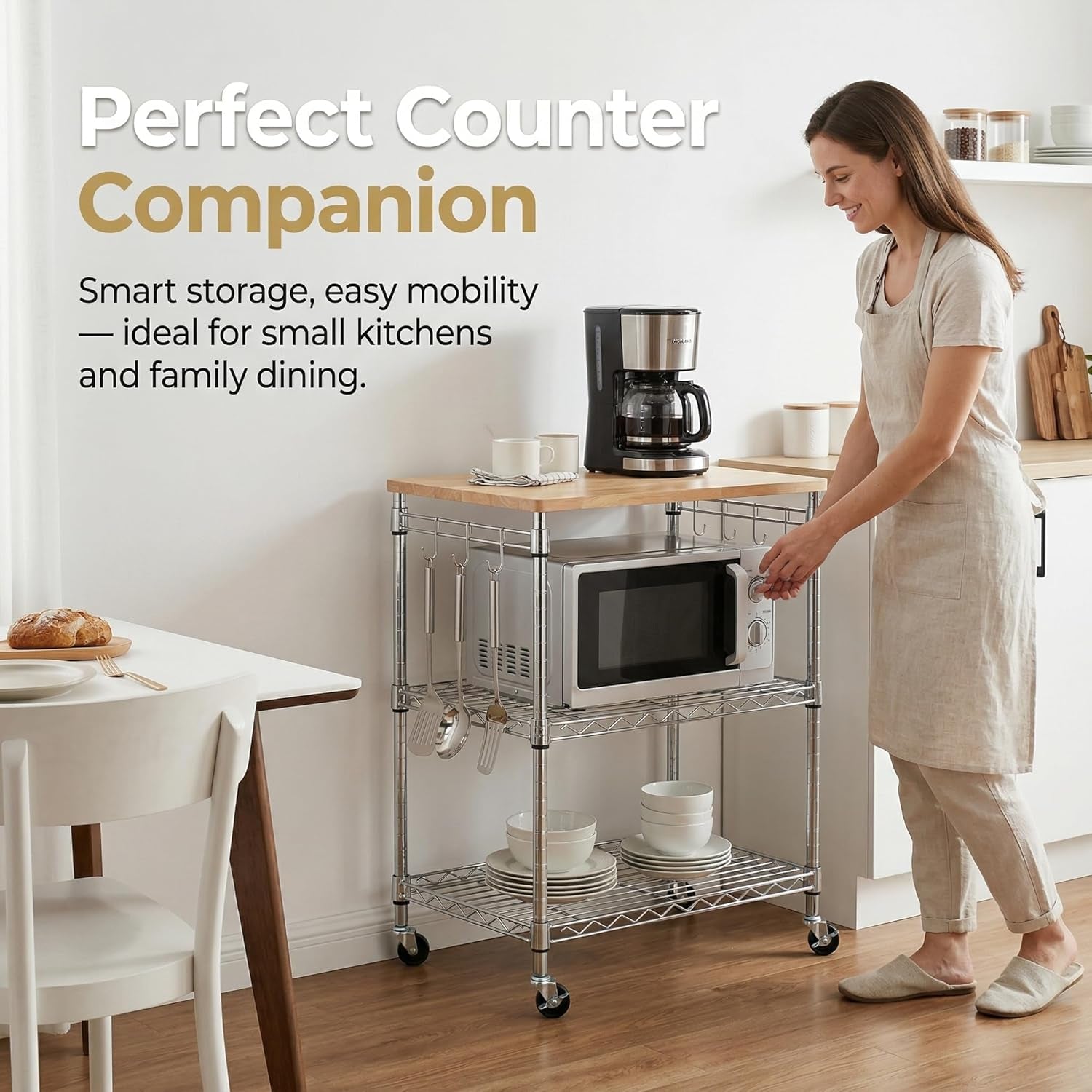 3-Tier Rolling Kitchen Cart, Microwave Cart with Oak Wood Tabletop and Drawer Slider, Coffee Cart & Food Service Cart with Hooks, Chrome