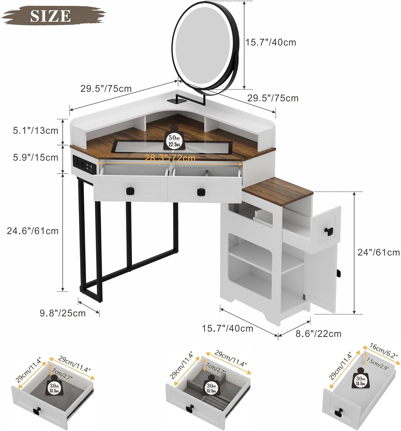 Corner Vanity Desk with Mirror and Lights, Modern Makeup Vanity with Charging Station & Human Sensor Light, Glass Top Dressing Table with 4 Drawers & Shelves for Bedroom (White)