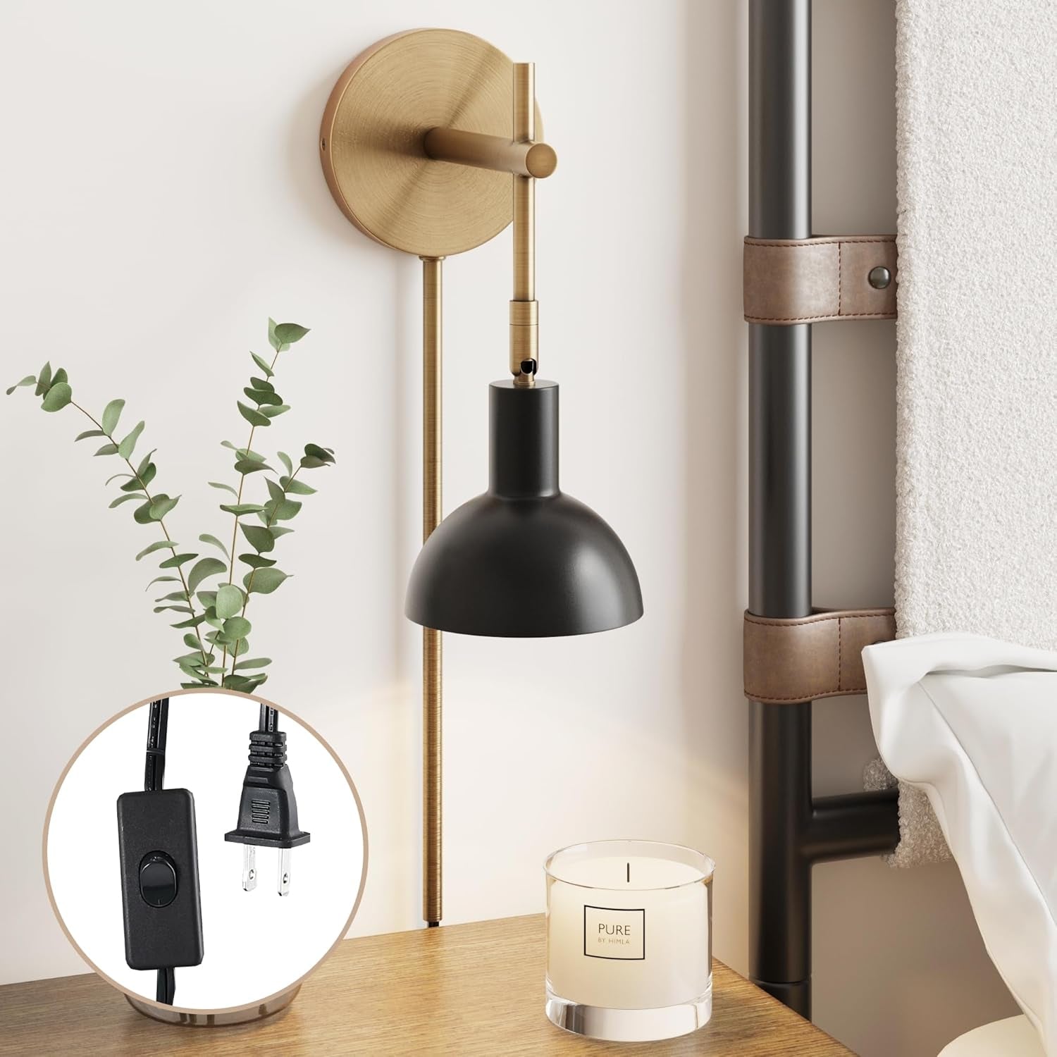 Tamlin Wall Light Fixture, Wall Mounted 1-Light Lamp, Plugin Sconce with On/Off Switch for Living Room, Reading Nook or Bedroom, Vintage Brass/Matte Black
