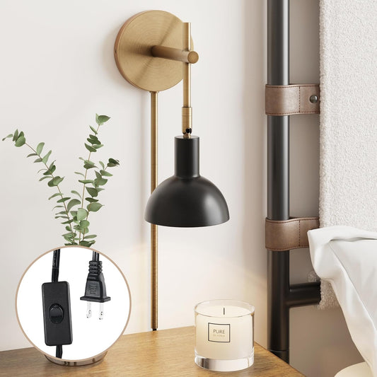 Tamlin Wall Light Fixture, Wall Mounted 1-Light Lamp, Plugin Sconce with On/Off Switch for Living Room, Reading Nook or Bedroom, Vintage Brass/Matte Black