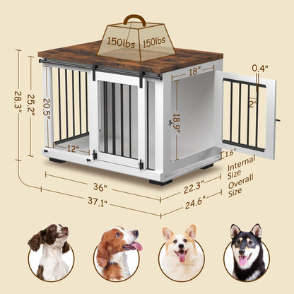Dog Crate Furniture Barn Door for Medium Dogs up to 40 Lbs. - Puppy Kennel W/Thickened Farmhouse Top & Steel Bars - 30'' Wide - White Decorative Modern Dog Crate Table, End Table, Nightstand