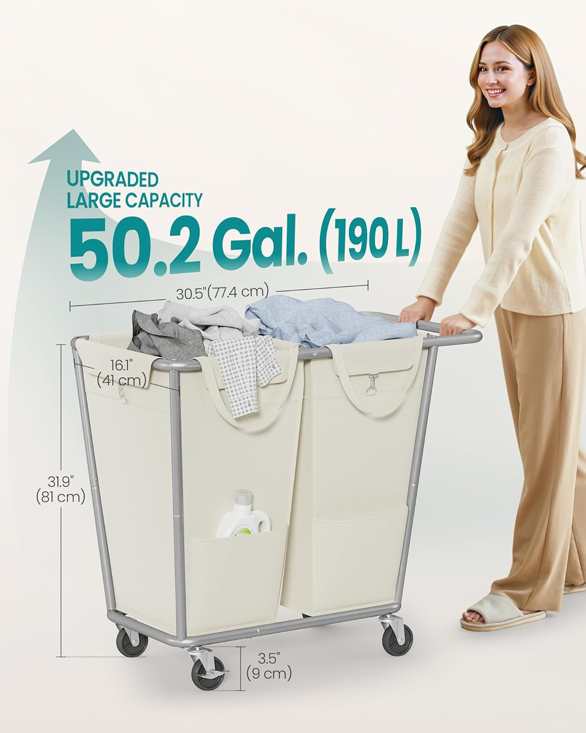 Laundry Basket with Wheels, 2-Section Laundry Sorter, 50.2 Gallons (190 L) Rolling Hamper with Removable Bags, Heavy-Duty Steel Frame, Cream White URLS009W01