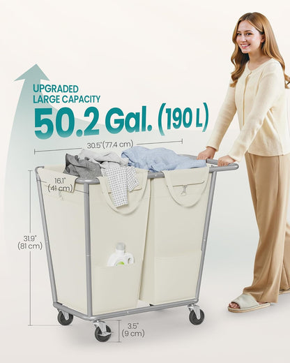Laundry Basket with Wheels, 2-Section Laundry Sorter, 50.2 Gallons (190 L) Rolling Hamper with Removable Bags, Heavy-Duty Steel Frame, Cream White URLS009W01