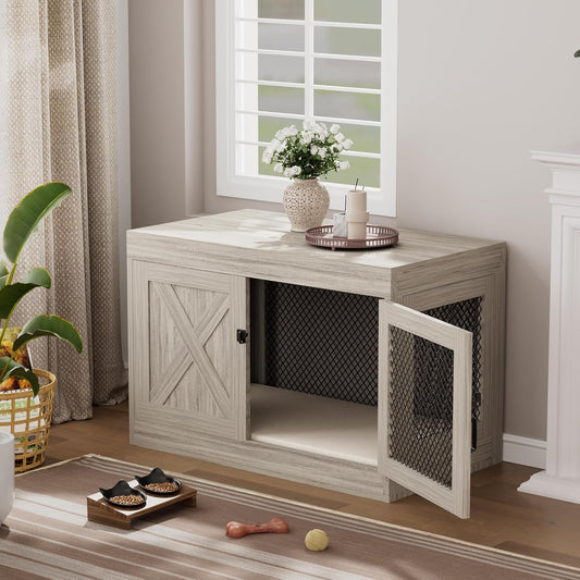 Corner Dog Crate Furniture with Double Doors, 36 Inch Wooden Dog Kennel End Table Indoor with Mesh, Cage/House for Small Medium Large Dog, Decorative Pet Crate Indoor Use, Grey