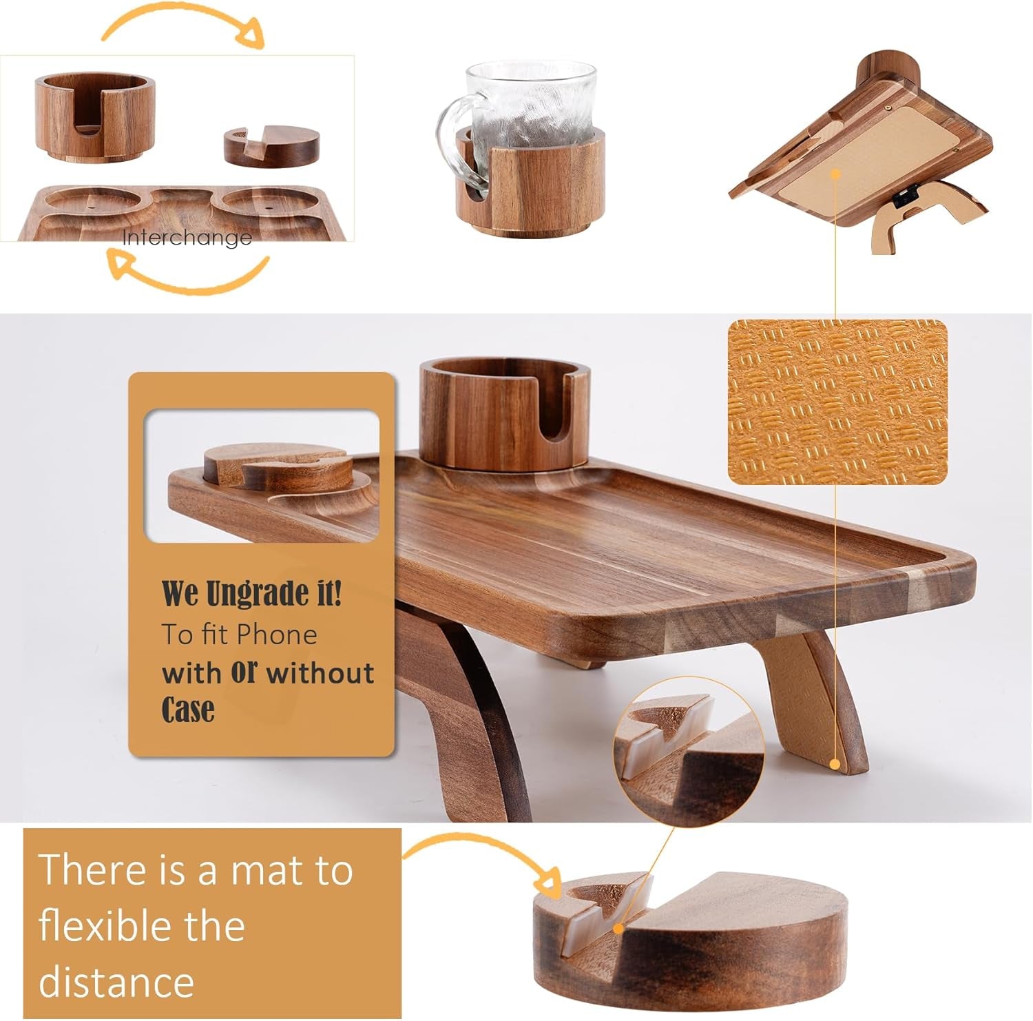 Couch Cup Holder Tray, 3 in 1 Large 15.36"X9.85" Acacia Wood Sofa Arm Clip on Tray Table with 360°Rotated Phone Holder on Armrest
