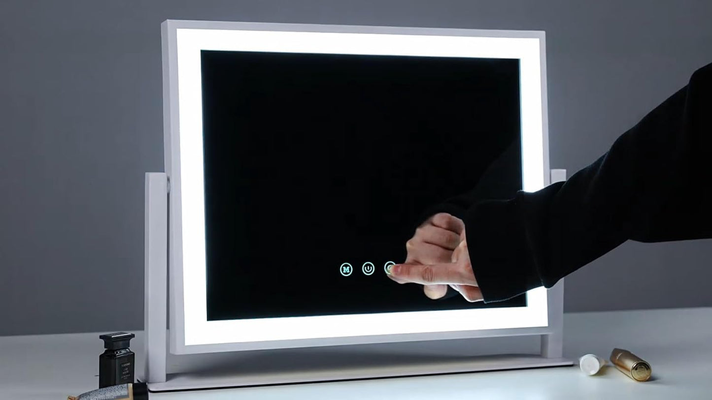 Lighted Makeup Mirror, 17.3"X13" Hollywood Vanity Mirror with Led Lights, Three Color Lighting Modes, and 10X Magnification Mirror, Smart Touch Control, 360°Rotation (White, Gift Box)