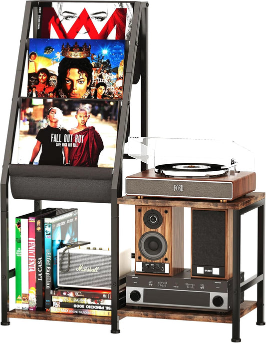 Record Player Stand, Vinyl Holders, 3-In-1 Record Cabinet & Turntable Stand, Fits 200 Albums, Vintage Media Storage Organizer, Rustic Brown