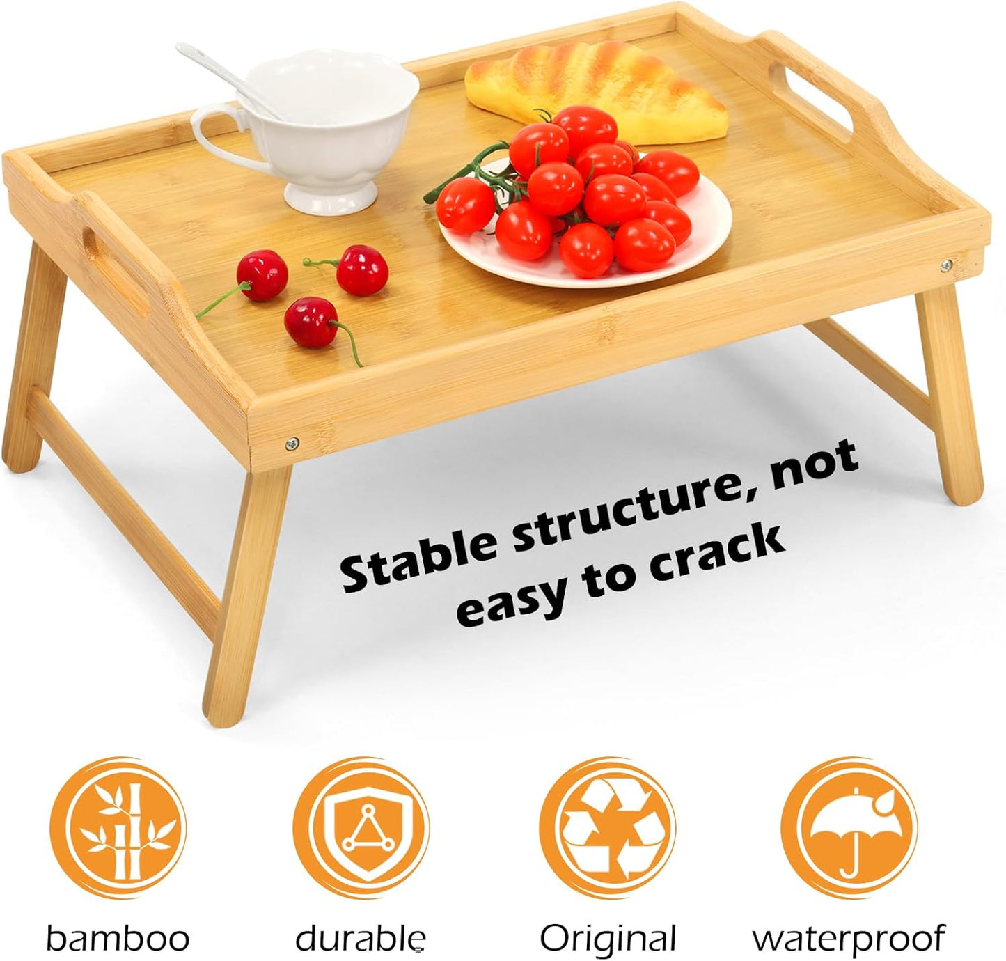 Bamboo Bed Tray Table, Folding Legs and Handles, Breakfast Tray, Laptop Desk for Bed or Sofa, Serving Tray for Eating, Working, Reading,Picnic