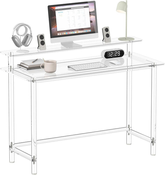 Acrylic Desk - 47.2" L X 19.7'' W X 34.5" H - Modern Home Office Desk with Monitor Stand - Clear Desk Computer Desk Writing Table for Office, Living Room, Bedroom