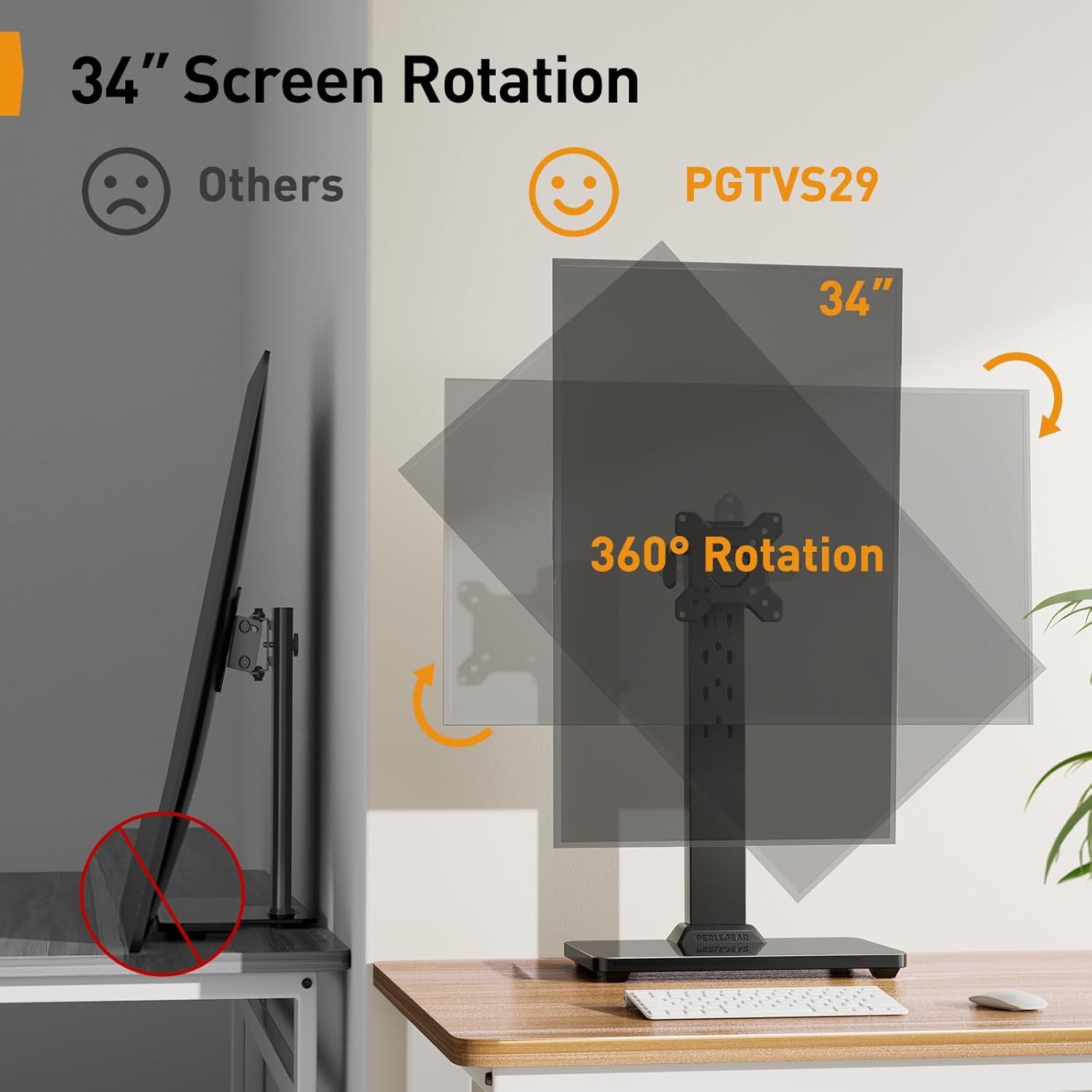 Monitor Stand, Freestanding Monitor Mount for 13-34 Inch Screens with 360 Degree Rotation, 5 Height Settings, Adjustable Desk Riser with Swivel and Tilt, Max VESA 100X100Mm, PGTVS29