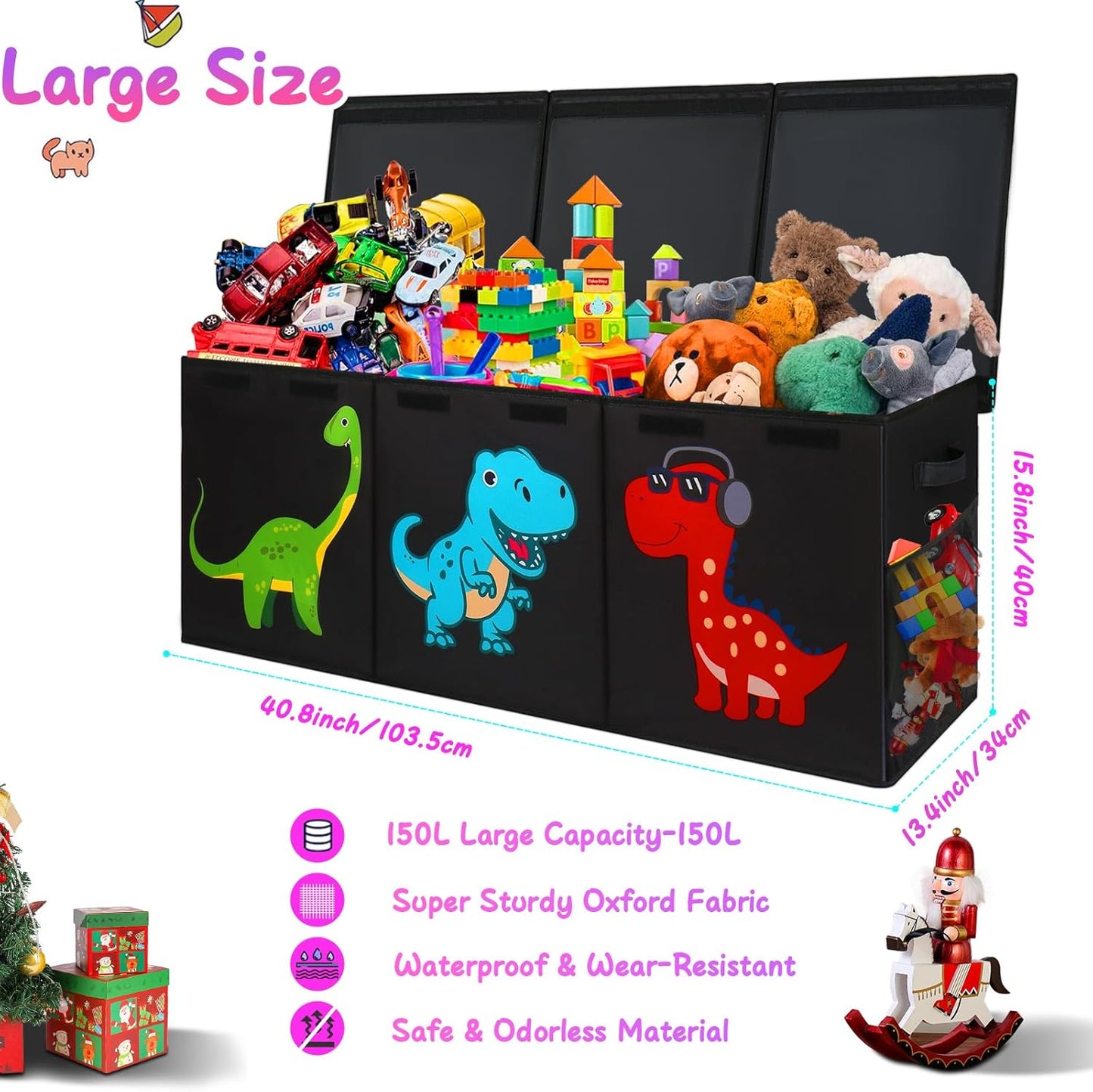 Extra Large Toy Box Chest, Collapsible Storage Organizer with Lids, Sturdy Dinosaur Toybox for Boys Girls, 40"X16"X16" Kids Storage Bin Box Baskets for Living Room, Playroom, Bedroom, Nursery