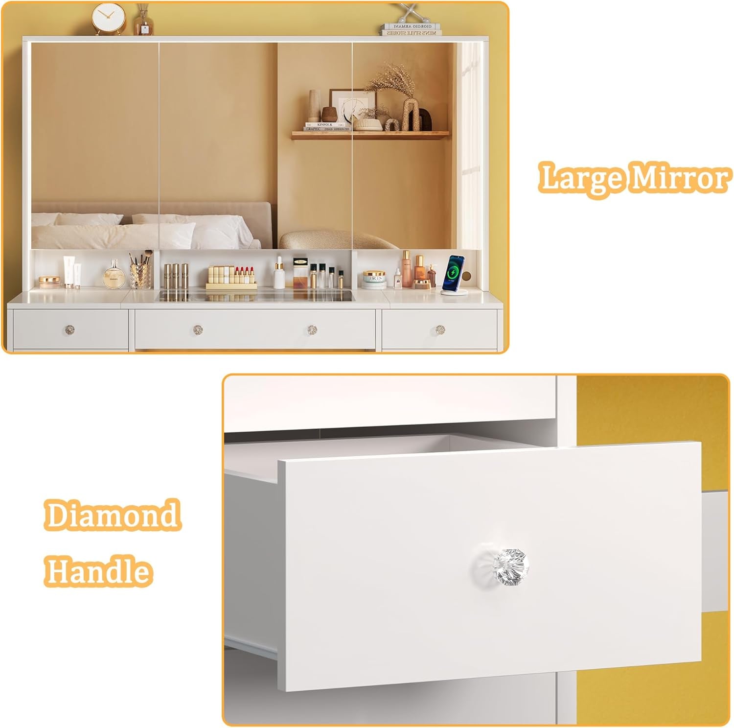 Vanity Desk with Mirror and Lights, 50" Makeup Vanity with Glass Top & Power Outlet, White Vanity with 11 Drawers & 8 Hidden Storage Shelves, 3 LED Lighting Modes Adjustable for Bedroom