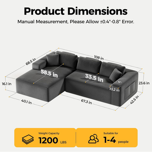 108” Cloud Sectional Couch, Modular Sectional Sofa with Deep Seat, Corduroy Boneless Couches with Chaise for Living Room Bedroom, 4 Storage Pockets& 1 Catch All Tray (Left Facing Chaise, Grey)