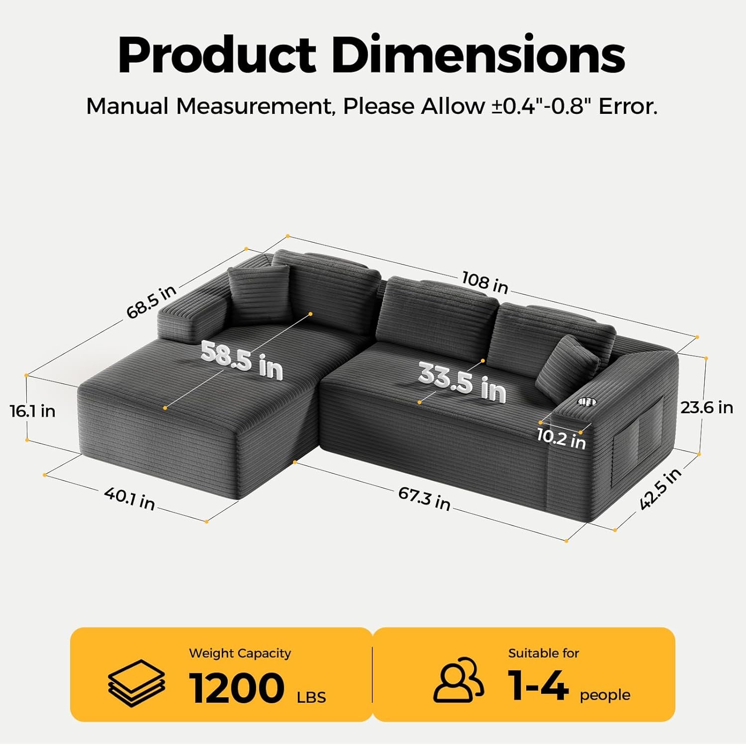 108” Cloud Sectional Couch in One Box, Compressed Modular Sectional Sofa with Deep Seat, Corduroy Boneless Couches, L-Shaped Sofa for Living Room, 4 Storage Pockets(Left Facing Chaise, Grey)