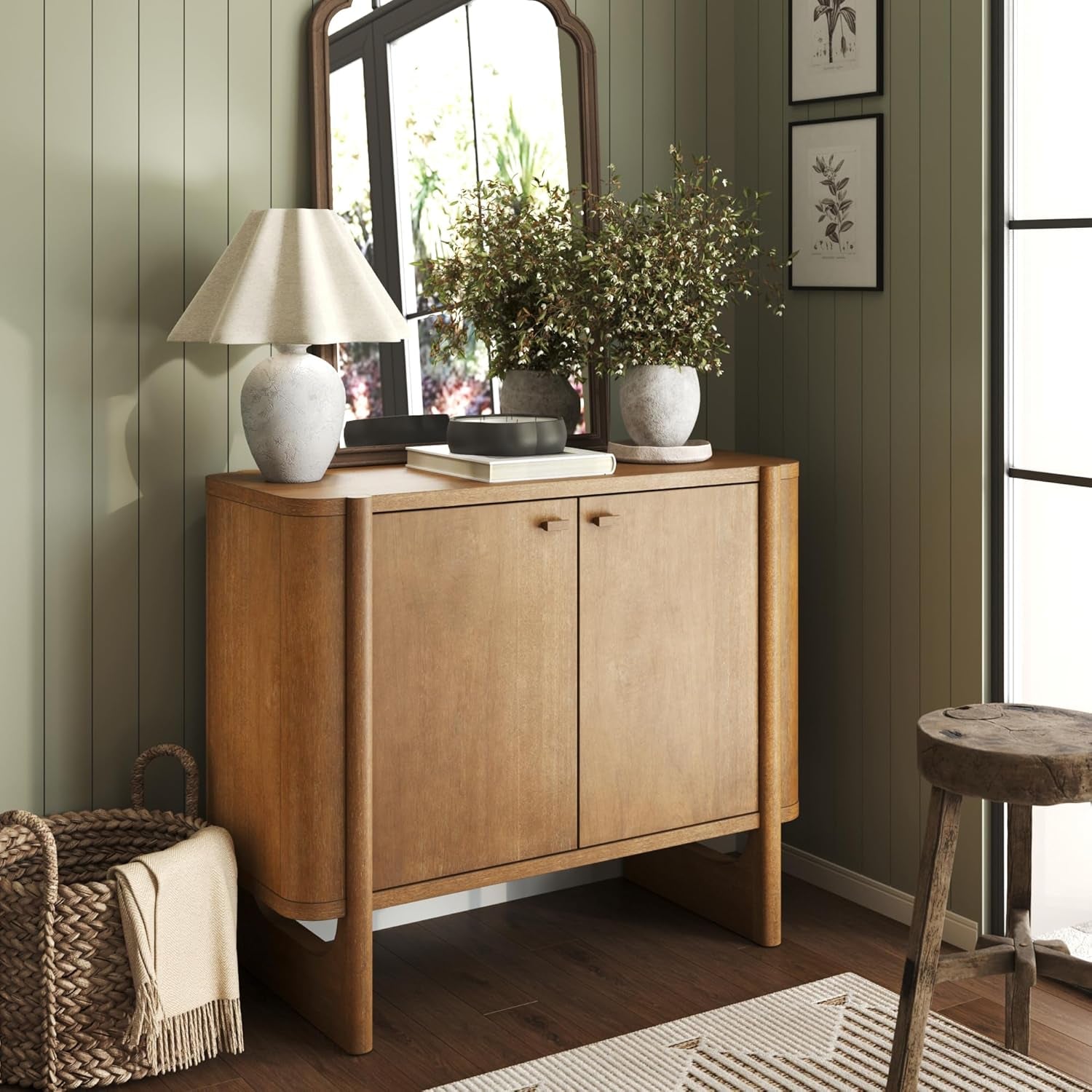 Solace Mid Century Modern Cabinet, Storage Cabinet or Accent Cabinet with Doors with Solid Wood Legs and Adjustable Shelf, Light Brown