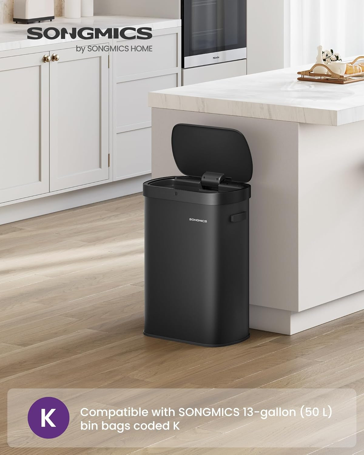 Motion Sensor Trash Can, 13-Gallon (50 L) Automatic Garbage Can with Soft Close Lid, Stainless Steel, Wave or Touch to Open, Includes 15 Bags, Ink Black ULTB640B01