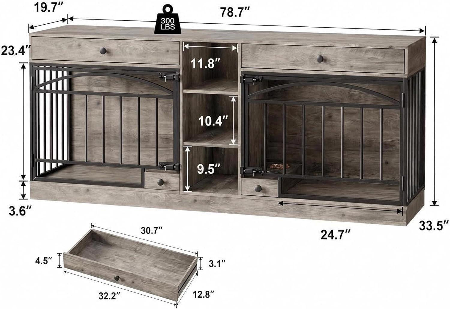 Dog Crate Furniture for 2 Dogs, Dog Kennel Indoor with Storage and Feeding Bowls, Double Dog Crate TV Stand for Small Medium Dogs, Grey