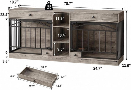 Dog Crate Furniture for 2 Dogs, Dog Kennel Indoor with Storage and Feeding Bowls, Double Dog Crate TV Stand for Small Medium Dogs, Grey