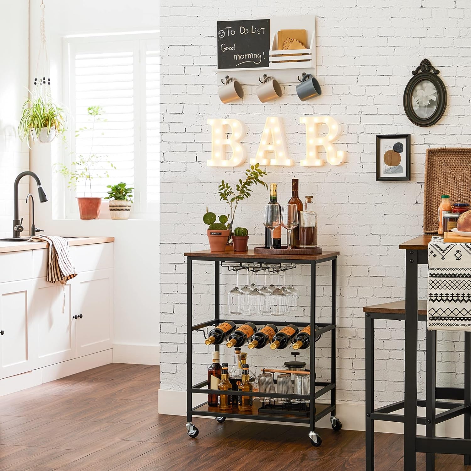 Bar Cart, Serving Cart with Wheels, Glass Stemware Rack and Wine Bottle Holders, 15.7 X 23.6 X 32.3 Inches, Industrial, Rustic Brown and Black ULRC087B01