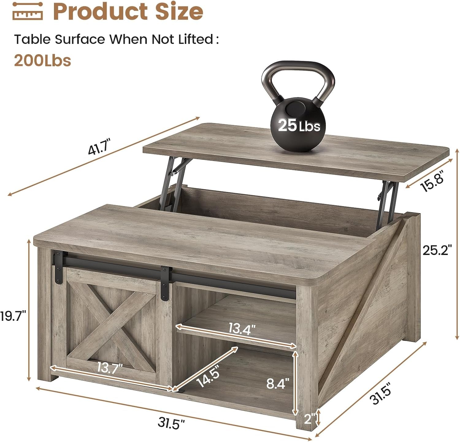 31.5" Lift Top Coffee Table with Storage, Square Coffee Tables for Living Room, Farmhouse Coffee Table with Large Hidden Storage Compartment and Adjustable Shelves, Grey