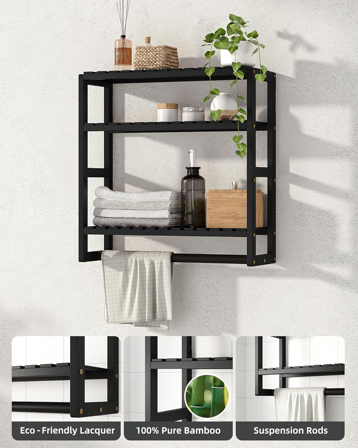Over the Toilet Storage Bathroom Shelves Wall Mounted 3 Tier Space Saver Corner Shelf Organizer Bamboo Towel Rack Toilet Paper Cabinet with Hanging Rod Black
