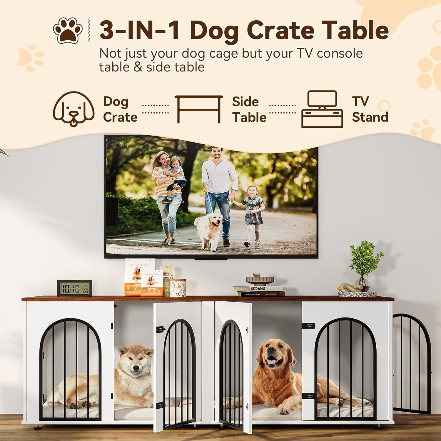 Dog Crate Furniture for 2 Dogs, 71" Dog Kennel Indoor with Cushions, XXL Wooden Dog Crates TV Stand with Removable Divider, Large Double Dog Crate End Table
