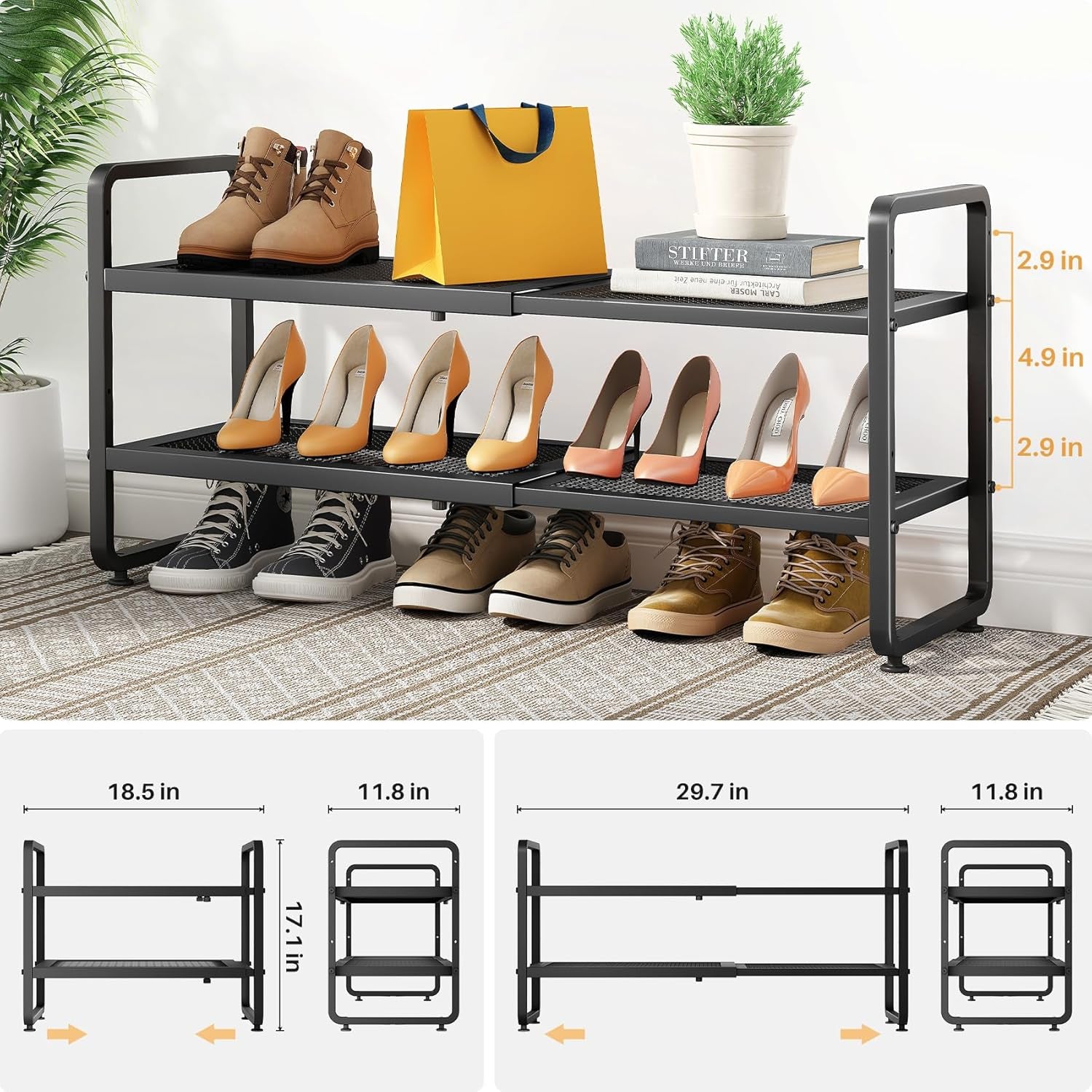 Shoe Rack - Expandable Shoe Organizer for Closet, Adjustable Metal Shoe Shelf Storage, Stackable Long Shoe Stand Holder for Garage, Entryway, Door Entrance (Black, 2-Tier)