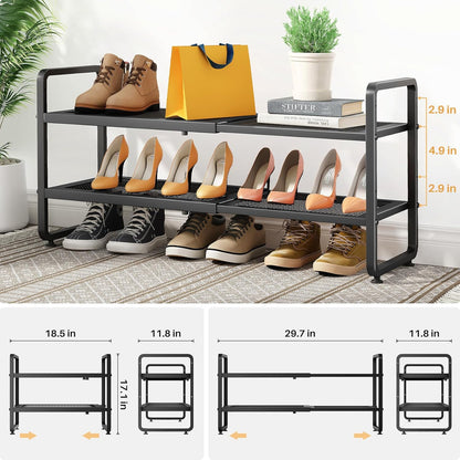 Shoe Rack - Expandable Shoe Organizer for Closet, Adjustable Metal Shoe Shelf Storage, Stackable Long Shoe Stand Holder for Garage, Entryway, Door Entrance (Black, 2-Tier)