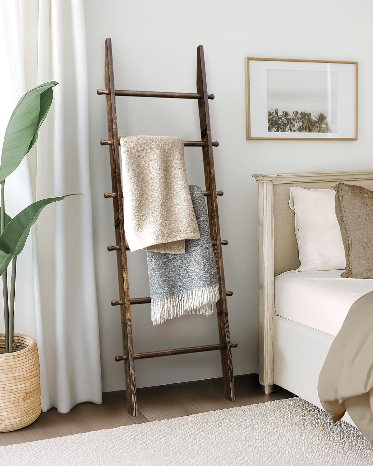 6-Tier Blanket Ladder with Hanging Knobs,5.5 Ft Wall Leaning Blanket Ladders for Living Room Bedroom,Rustic Decorative Storage for Quilts,Throws,Easy to Assemble,Rustic Brown
